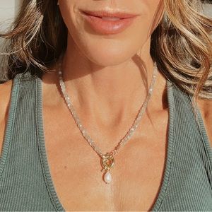 Labradorite Gemstone Necklace Gold Toggle Clasp Removable Pearl beaded gift her